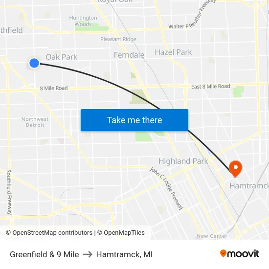 Greenfield & 9 Mile to Hamtramck, MI map