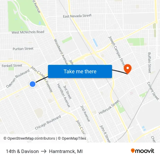 14th & Davison to Hamtramck, MI map