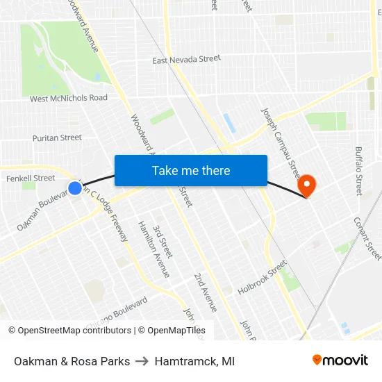 Oakman & Rosa Parks to Hamtramck, MI map