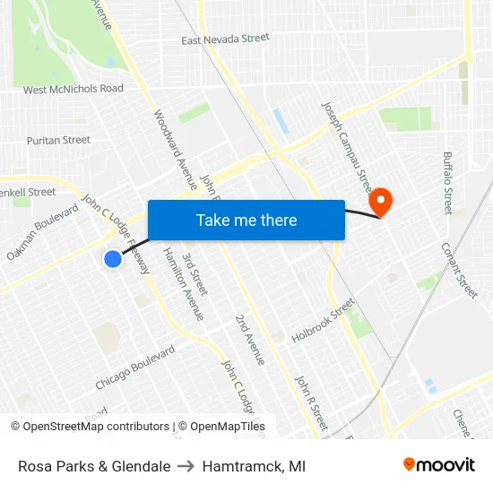 Rosa Parks & Glendale to Hamtramck, MI map