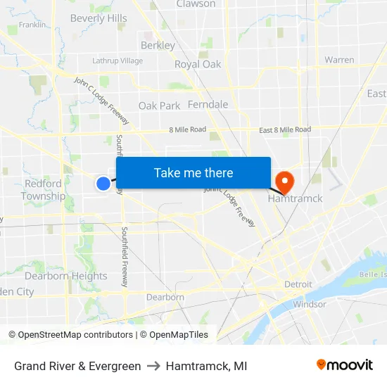 Grand River & Evergreen to Hamtramck, MI map