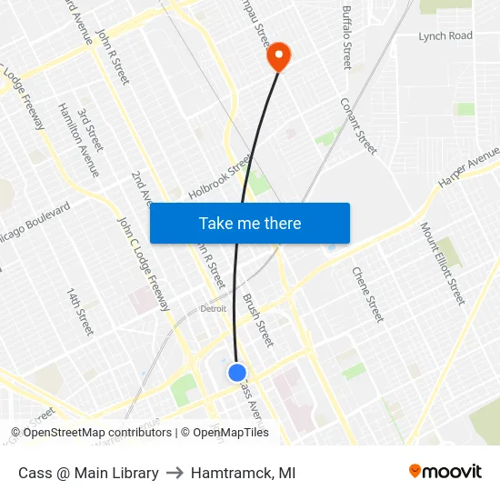 Cass @ Main Library to Hamtramck, MI map
