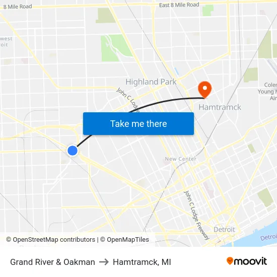 Grand River & Oakman to Hamtramck, MI map