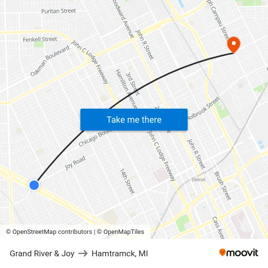 Grand River & Joy to Hamtramck, MI map