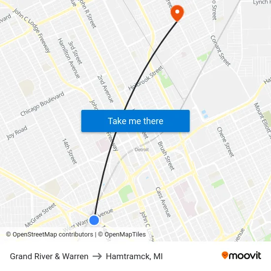 Grand River & Warren to Hamtramck, MI map