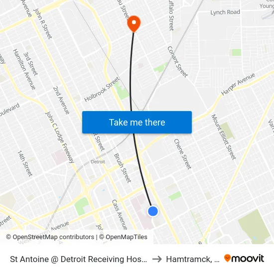 St Antoine @ Detroit Receiving Hospital to Hamtramck, MI map