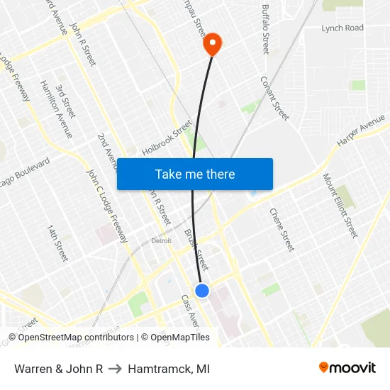 Warren & John R to Hamtramck, MI map