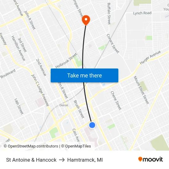 St Antoine & Hancock to Hamtramck, MI map