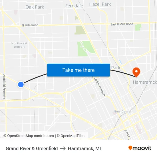Grand River & Greenfield to Hamtramck, MI map