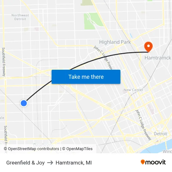 Greenfield & Joy to Hamtramck, MI map