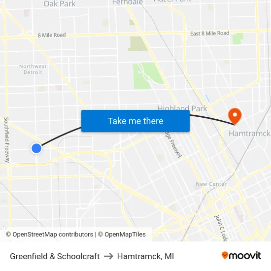Greenfield & Schoolcraft to Hamtramck, MI map