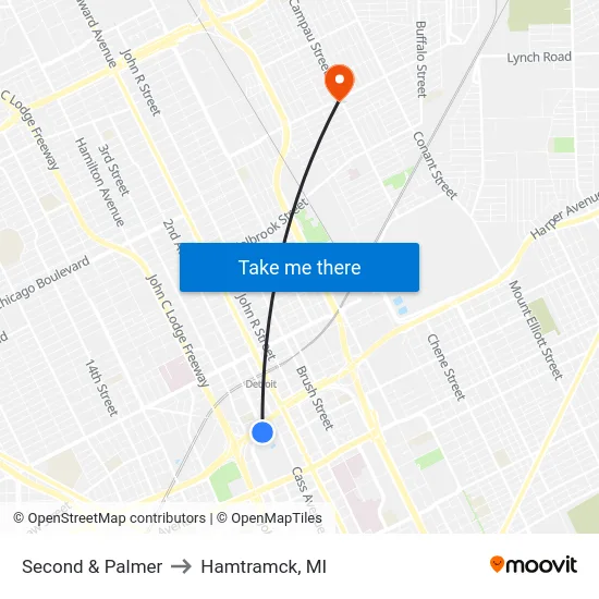 Second & Palmer to Hamtramck, MI map