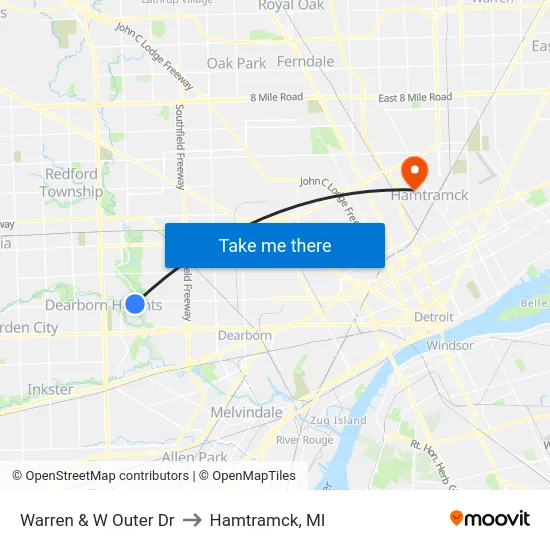 Warren & W Outer Dr to Hamtramck, MI map