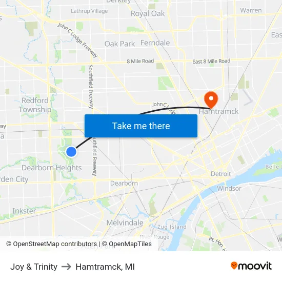 Joy & Trinity to Hamtramck, MI map