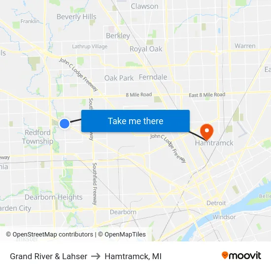 Grand River & Lahser to Hamtramck, MI map