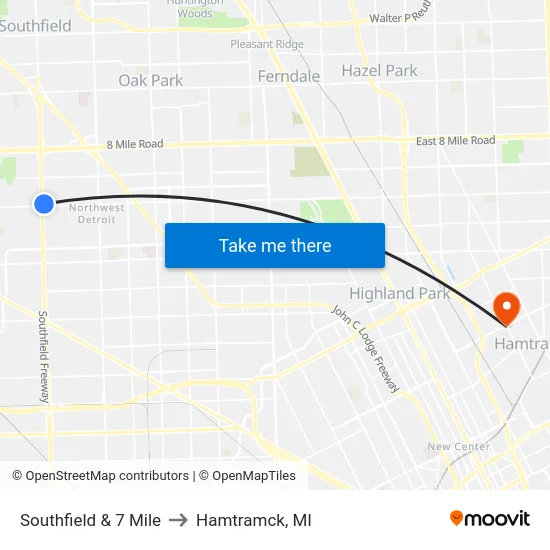 Southfield & 7 Mile to Hamtramck, MI map