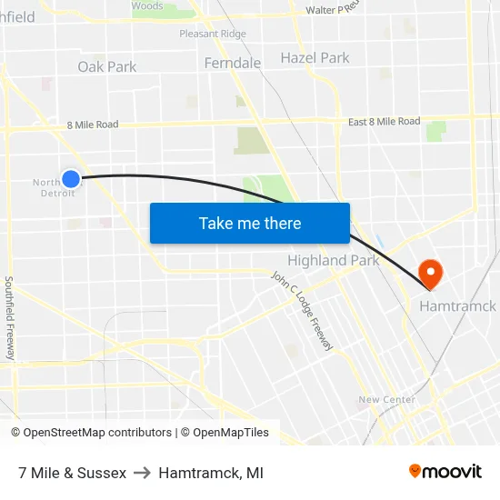 7 Mile & Sussex to Hamtramck, MI map