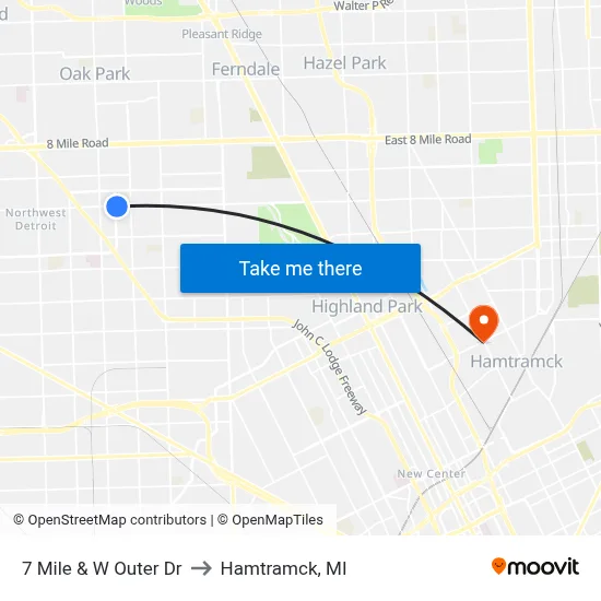 7 Mile & W Outer Dr to Hamtramck, MI map