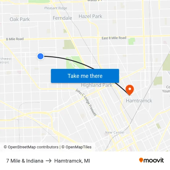 7 Mile & Indiana to Hamtramck, MI map