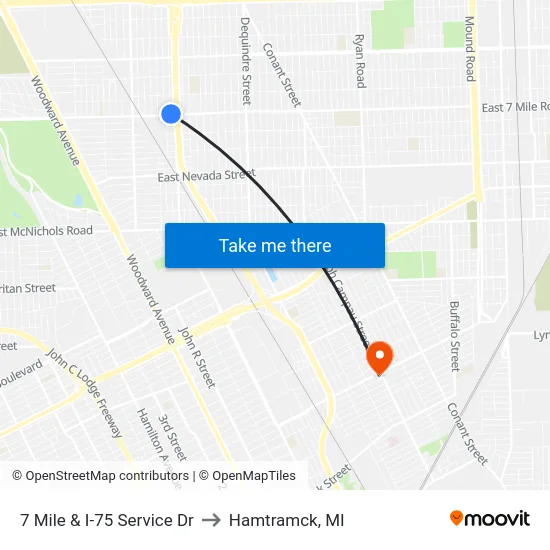 7 Mile & I-75 Service Dr to Hamtramck, MI map