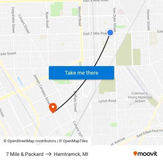 7 Mile & Packard to Hamtramck, MI map