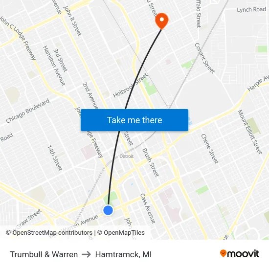 Trumbull & Warren to Hamtramck, MI map