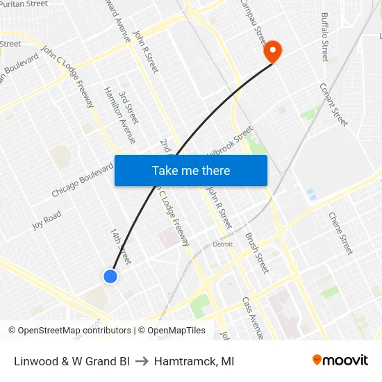 Linwood & W Grand Bl to Hamtramck, MI map