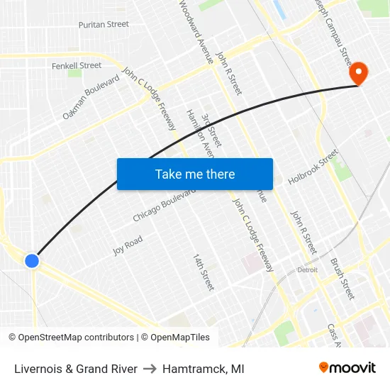Livernois & Grand River to Hamtramck, MI map