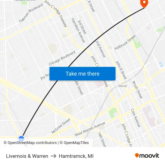 Livernois & Warren to Hamtramck, MI map
