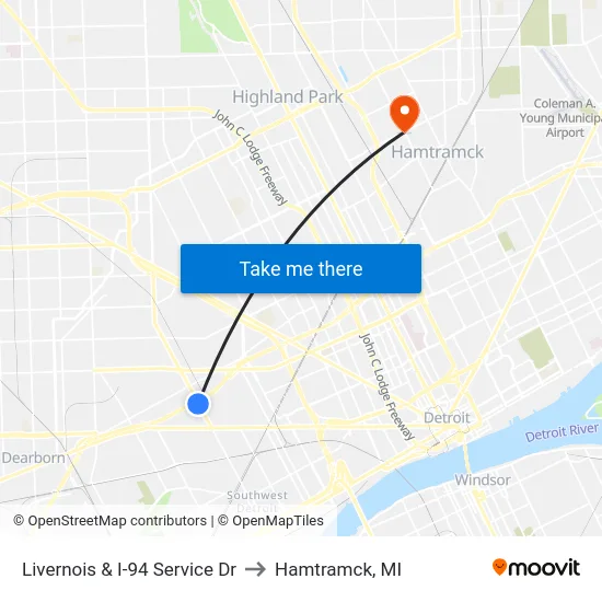 Livernois & I-94 Service Dr to Hamtramck, MI map