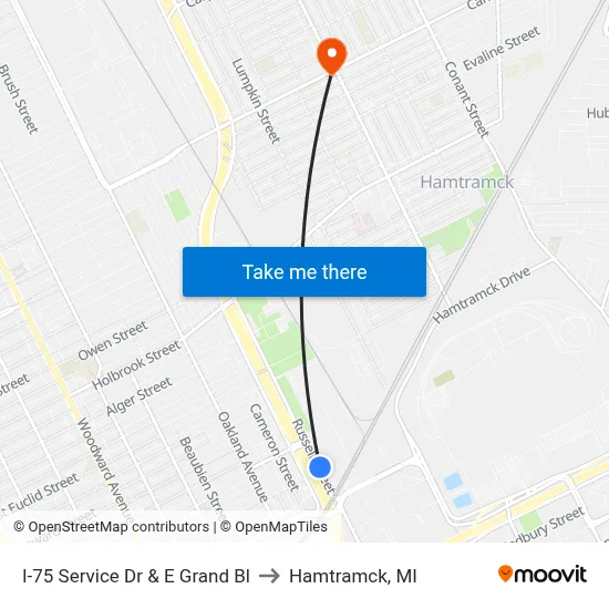 I-75 Service Dr & E Grand Bl to Hamtramck, MI map