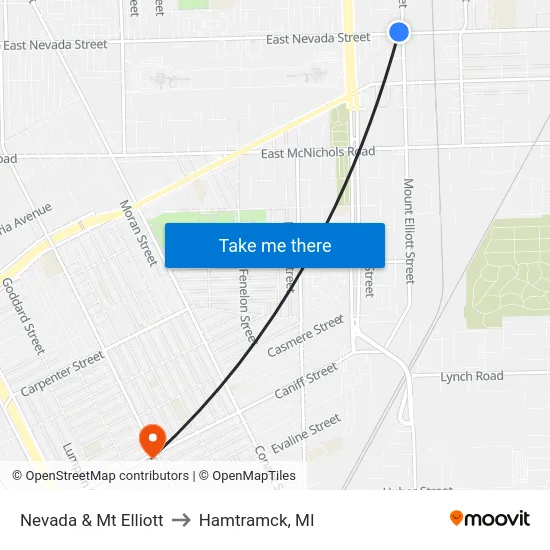 Nevada & Mt Elliott to Hamtramck, MI map
