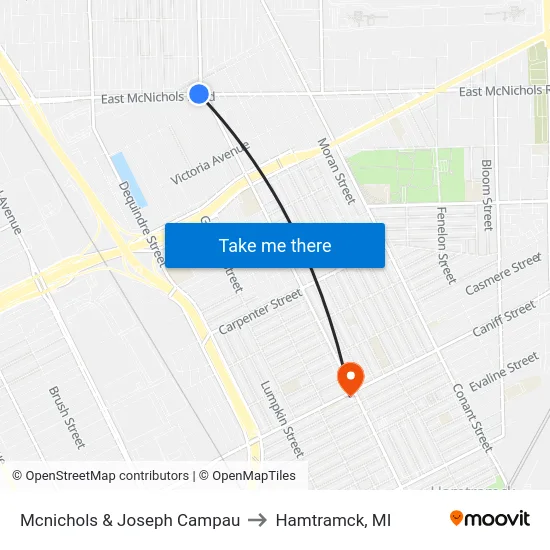 Mcnichols & Joseph Campau to Hamtramck, MI map