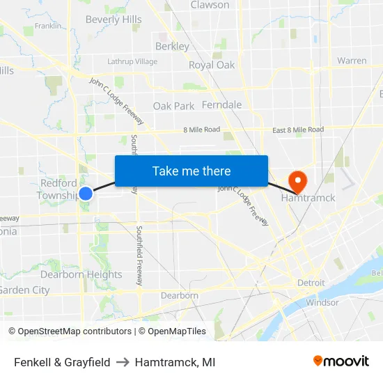 Fenkell & Grayfield to Hamtramck, MI map
