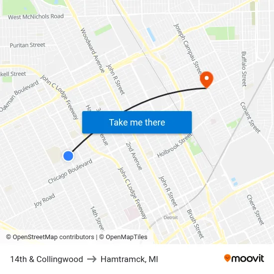 14th & Collingwood to Hamtramck, MI map