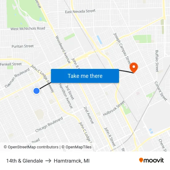 14th & Glendale to Hamtramck, MI map