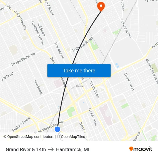 Grand River & 14th to Hamtramck, MI map