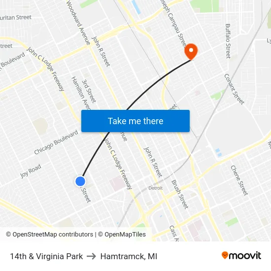 14th & Virginia Park to Hamtramck, MI map