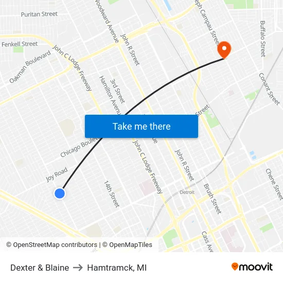 Dexter & Blaine to Hamtramck, MI map