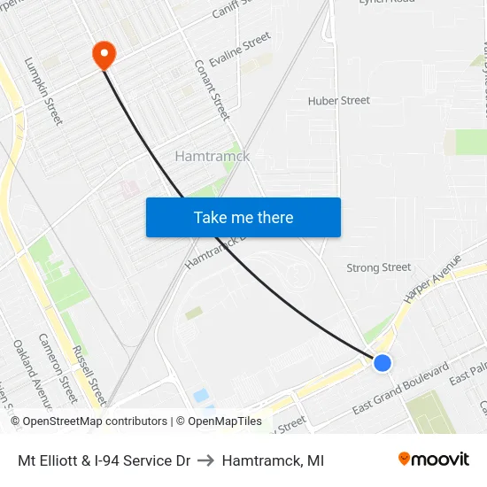 Mt Elliott & I-94 Service Dr to Hamtramck, MI map