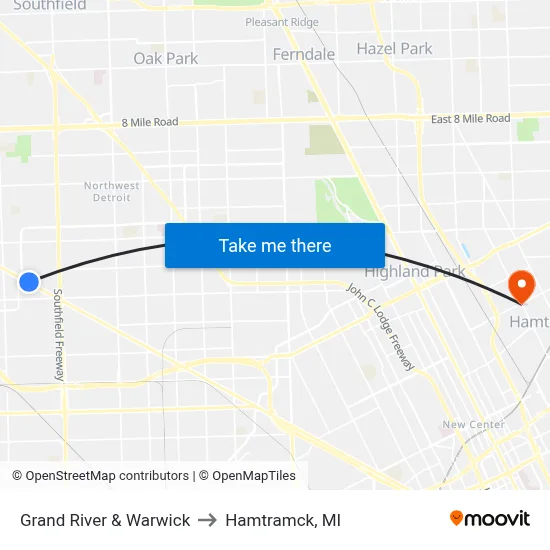 Grand River & Warwick to Hamtramck, MI map