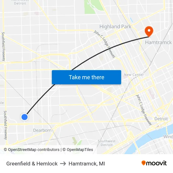 Greenfield & Hemlock to Hamtramck, MI map