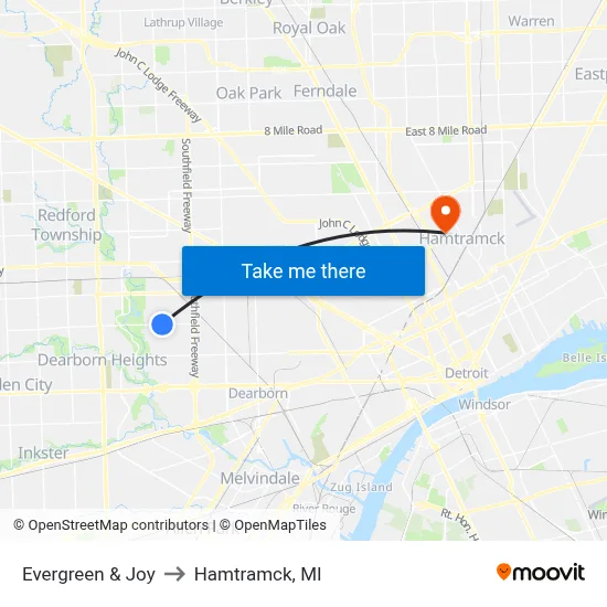 Evergreen & Joy to Hamtramck, MI map