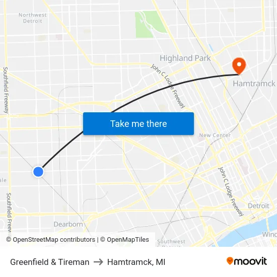 Greenfield & Tireman to Hamtramck, MI map
