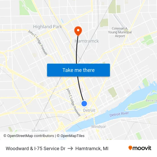 Woodward & I-75 Service Dr to Hamtramck, MI map