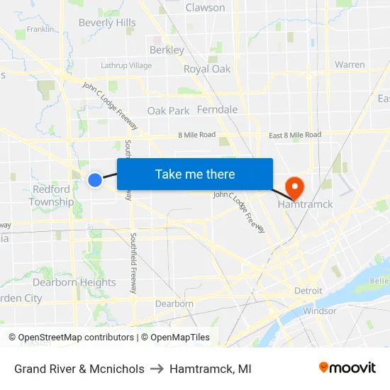Grand River & Mcnichols to Hamtramck, MI map