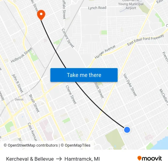 Kercheval & Bellevue to Hamtramck, MI map