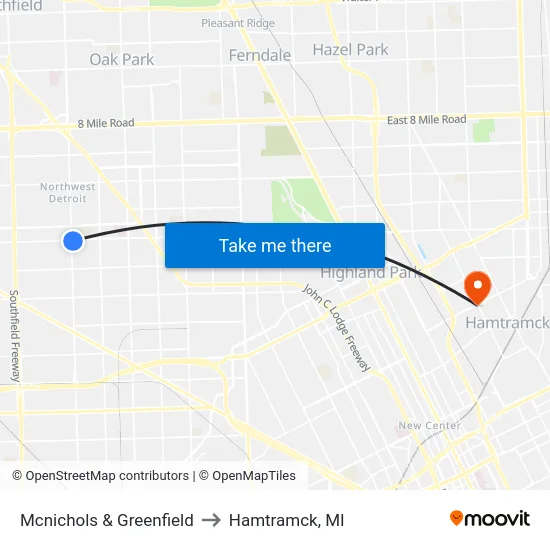 Mcnichols & Greenfield to Hamtramck, MI map