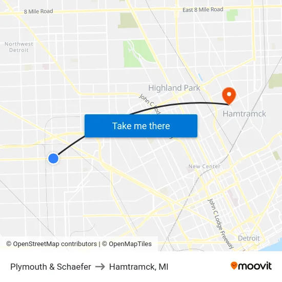 Plymouth & Schaefer to Hamtramck, MI map