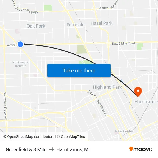Greenfield & 8 Mile to Hamtramck, MI map